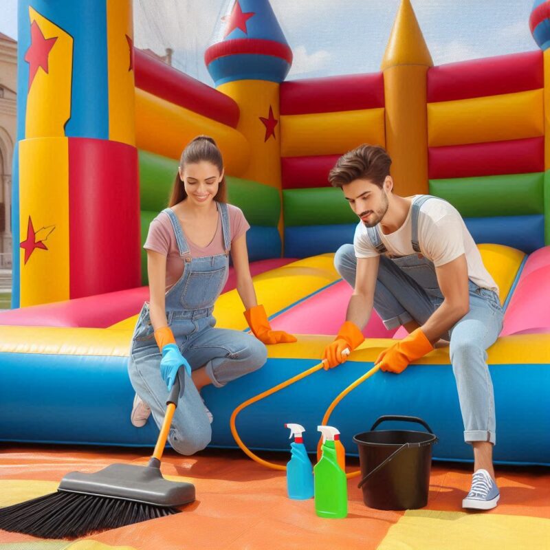 people cleaning a jumping castle